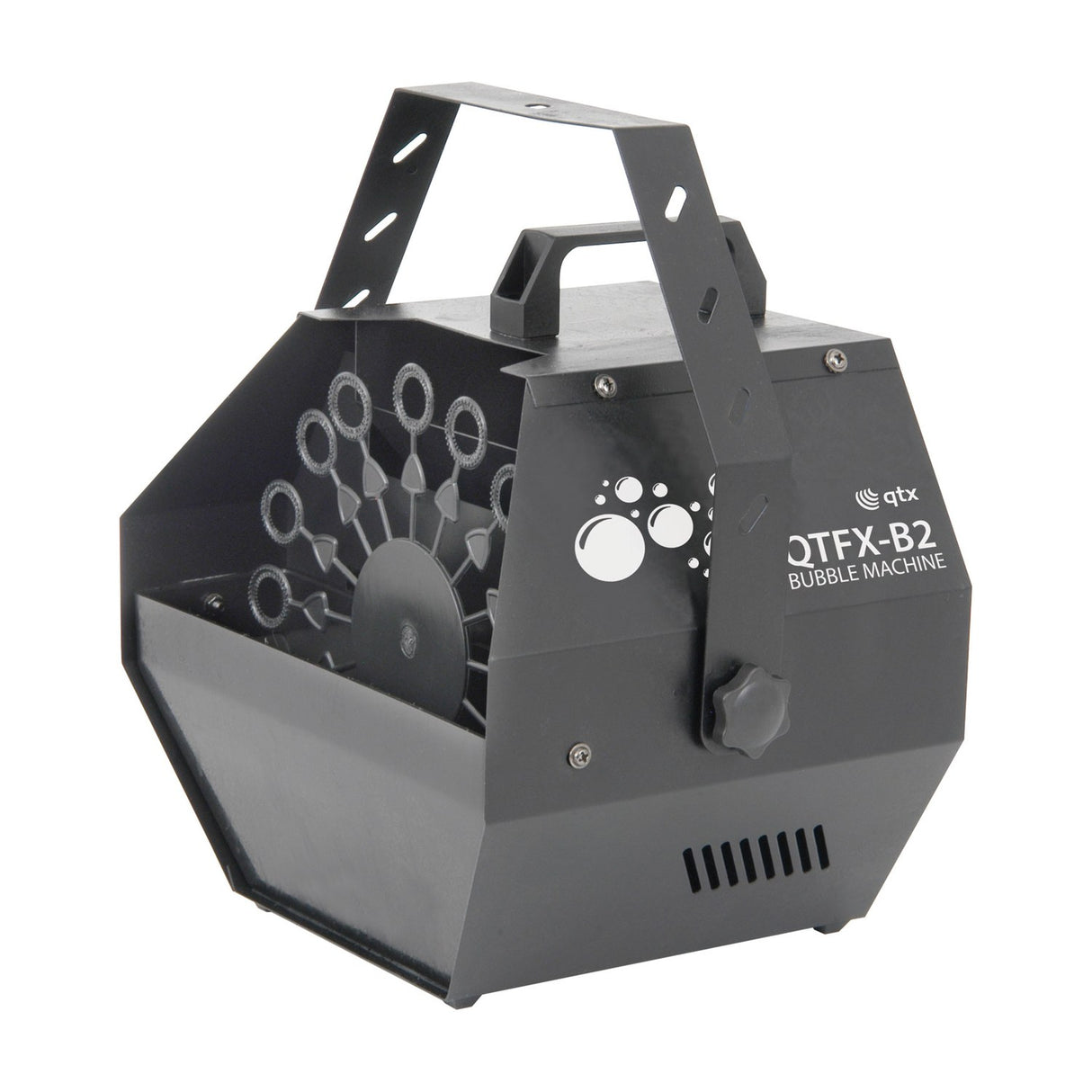 QTX QTFX-B2 Bubble Machine in matt black steel with rotating bubble wheel, carry handle bracket and control knob, shown on a white background.