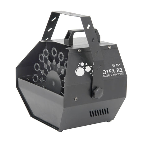 QTX QTFX-B2 Bubble Machine in matt black steel with rotating bubble wheel, carry handle bracket and control knob, shown on a white background.