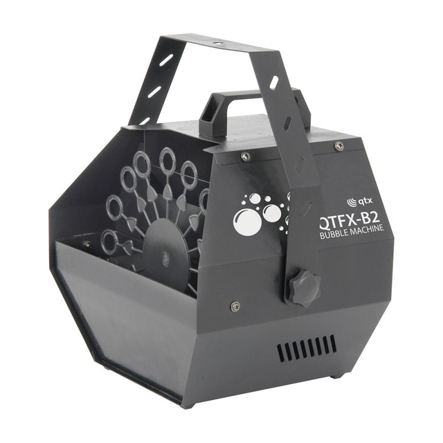 QTX QTFX-B2 Bubble Machine in matt black steel with rotating bubble wheel, carry handle bracket and control knob, shown on a white background.