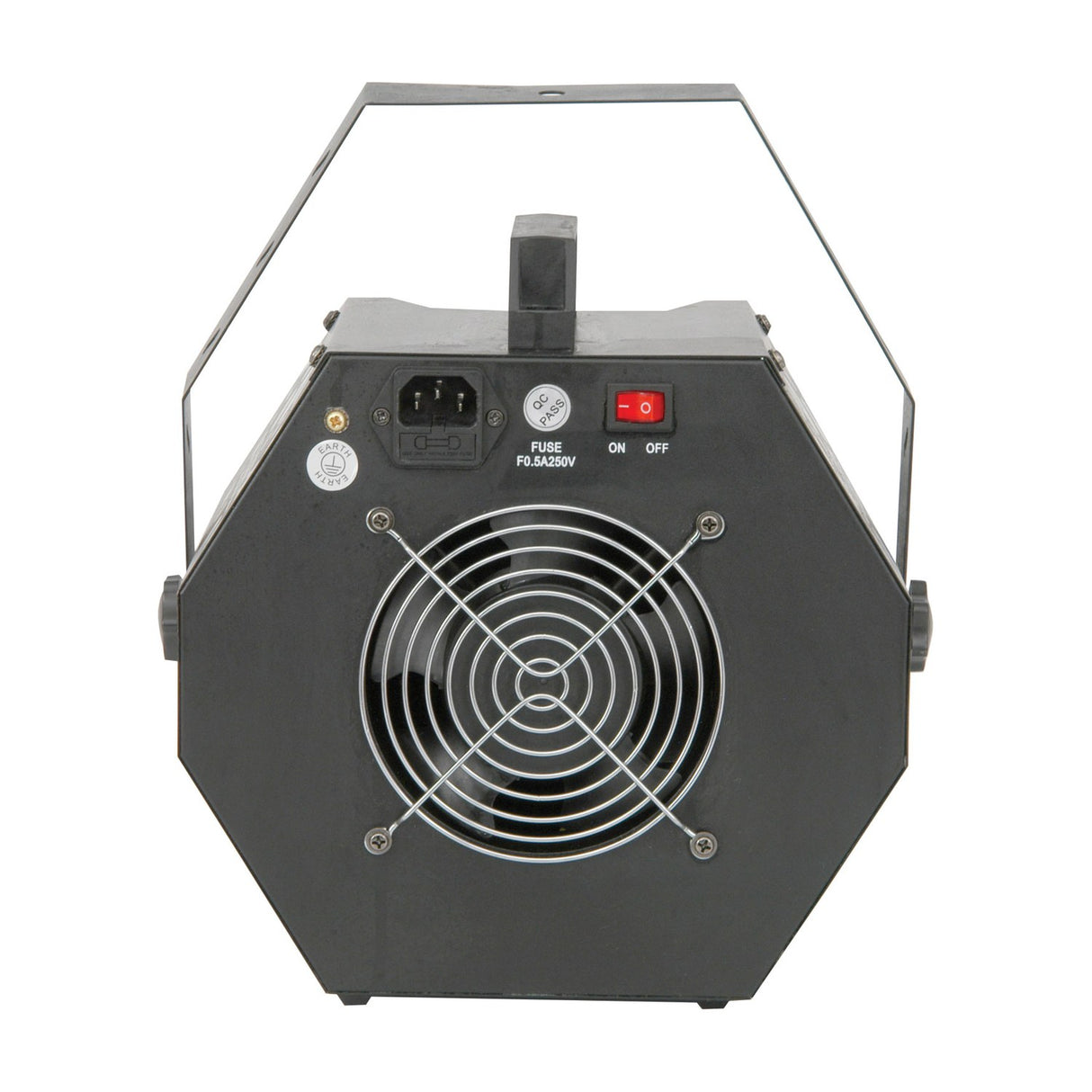 Rear view of the QTX QTFX-B2 bubble machine from AVSL, showing the matt black steel casing with fan grille, IEC socket, fuse, and red on/off switch.