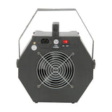 Rear view of the QTX QTFX-B2 bubble machine from AVSL, showing the matt black steel casing with fan grille, IEC socket, fuse, and red on/off switch.