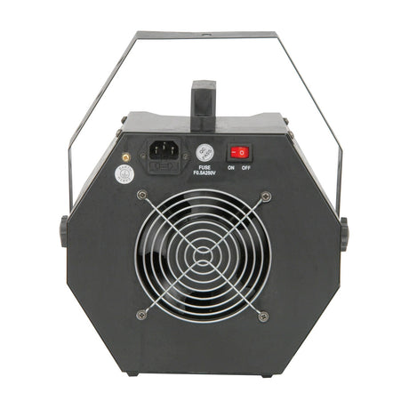 Rear view of the QTX QTFX-B2 bubble machine from AVSL, showing the matt black steel casing with fan grille, IEC socket, fuse, and red on/off switch.