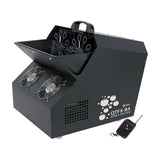 QTX QTFX-B4 dual-wheel bubble machine in matte black metal housing with four front fans, open top wand assembly, carry handle and wireless remote.