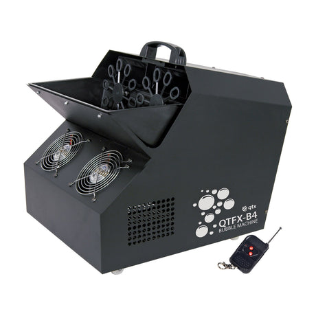 QTX QTFX-B4 dual-wheel bubble machine in matte black metal housing with four front fans, open top wand assembly, carry handle and wireless remote.