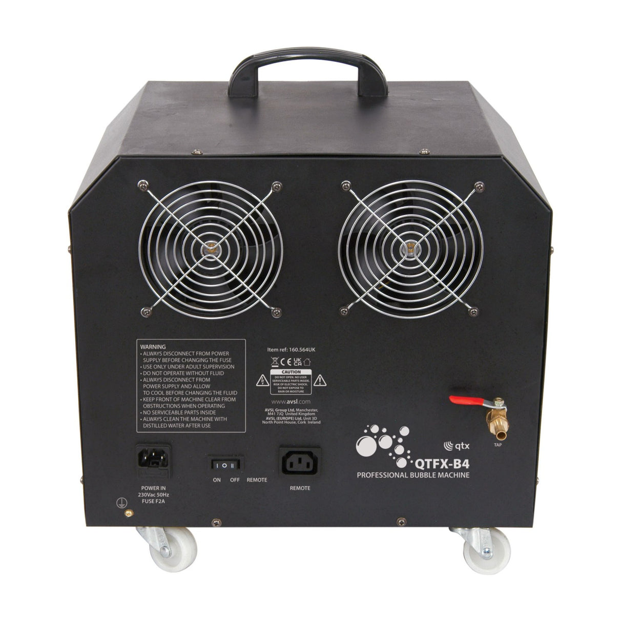 Rear view of the QTX QTFX-B4 professional bubble machine by AVSL, showing twin fan grilles, IEC power inlet, remote socket, drain tap and wheeled base.