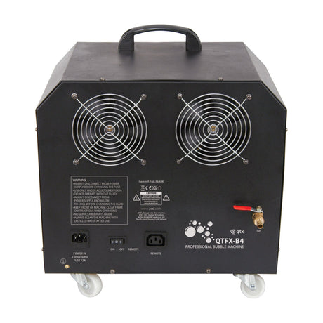 Rear view of the QTX QTFX-B4 professional bubble machine by AVSL, showing twin fan grilles, IEC power inlet, remote socket, drain tap and wheeled base.