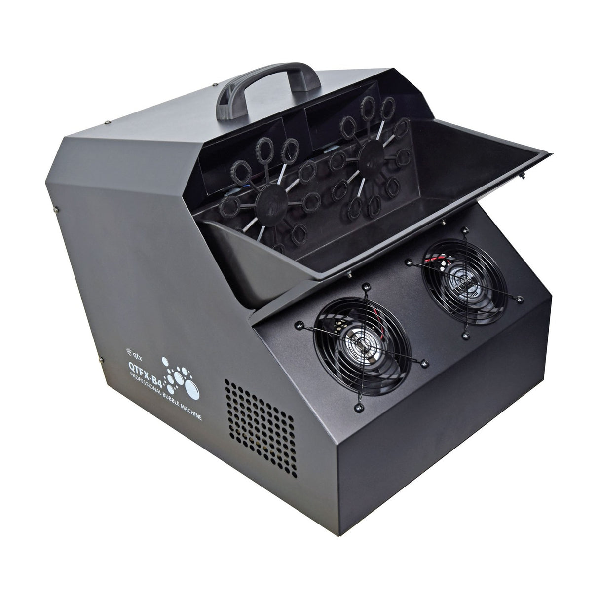 QTX QTFX-B4 professional bubble machine with open lid revealing dual 10-wand rotating wheels, four front fans and matte black metal housing with carry handle.