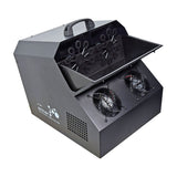 QTX QTFX-B4 professional bubble machine with open lid revealing dual 10-wand rotating wheels, four front fans and matte black metal housing with carry handle.