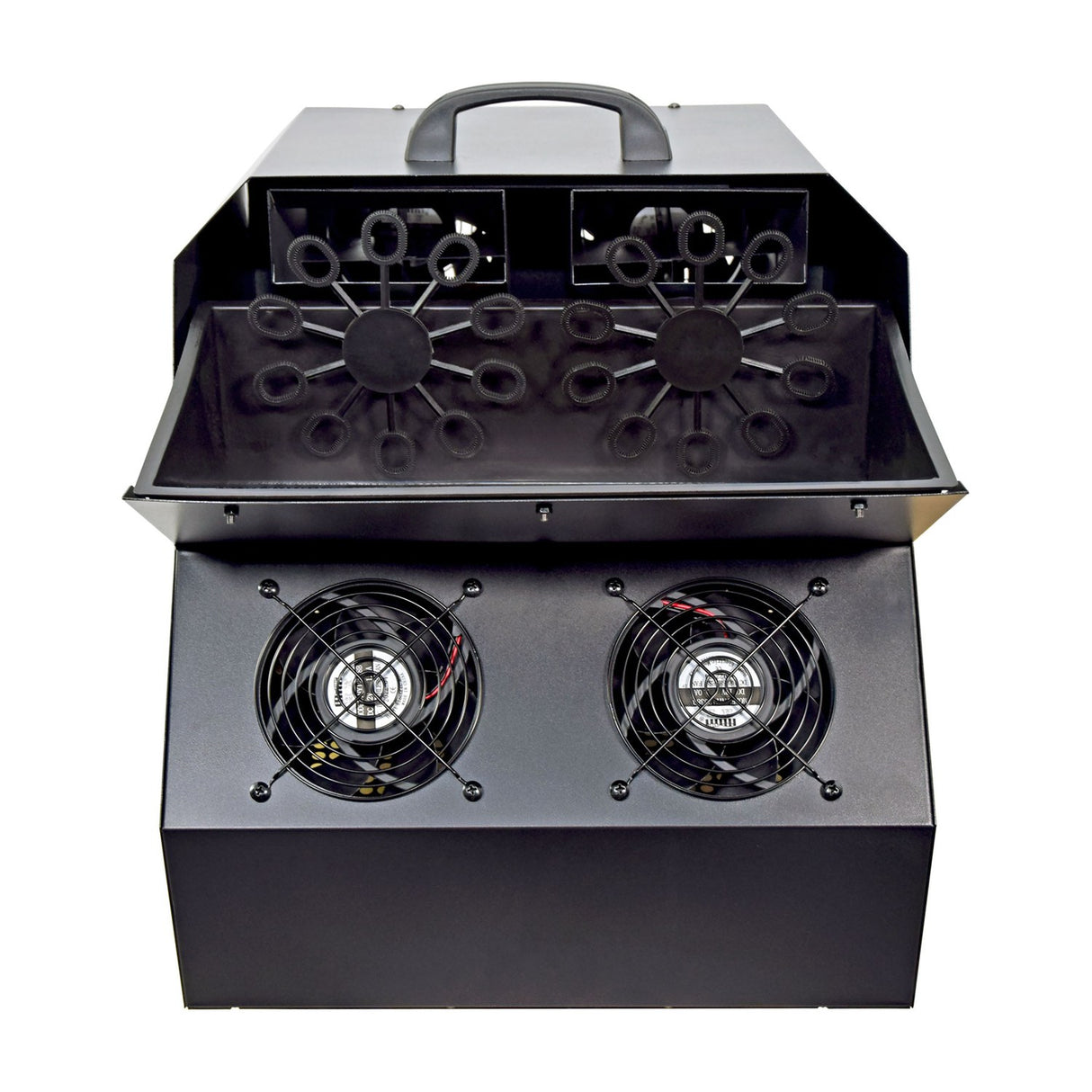 QTX QTFX-B4 dual wheel bubble machine by AVSL, front view showing twin 10-wand rotating wheels above four black fans in a metal housing.