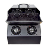 QTX QTFX-B4 dual wheel bubble machine by AVSL, front view showing twin 10-wand rotating wheels above four black fans in a metal housing.
