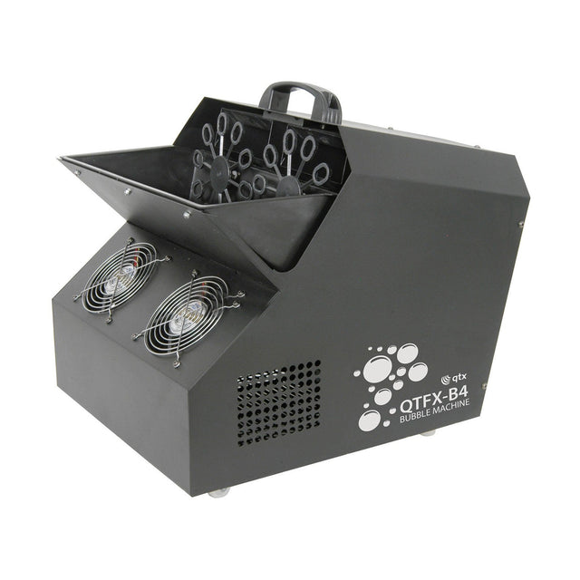 The QTX QTFX-B4 Bubble Machine in black is designed for high-volume bubble production, featuring multiple wands and two cooling fans. It is perfect for large events and parties due to its convenient small wheels and handle, which facilitate easy transport.