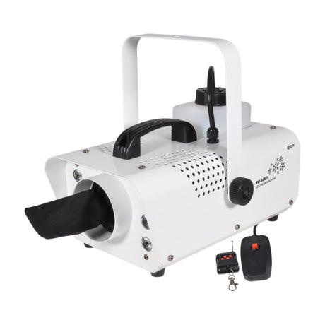 QTX 800W LED Snow Machine in white metal housing with carry handle, refill tank, front LED aperture, wired switch and RF remote on white.