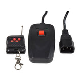 QTX 800W LED Snow Machine wired remote with red button, RF keyfob remote with RGB and fog buttons, and IEC power connector on white background.