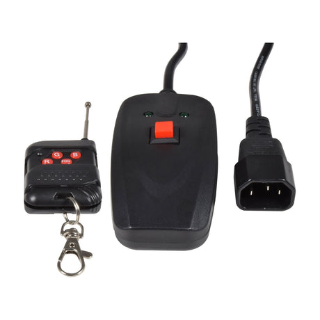 QTX 800W LED Snow Machine wired remote with red button, RF keyfob remote with RGB and fog buttons, and IEC power connector on white background.