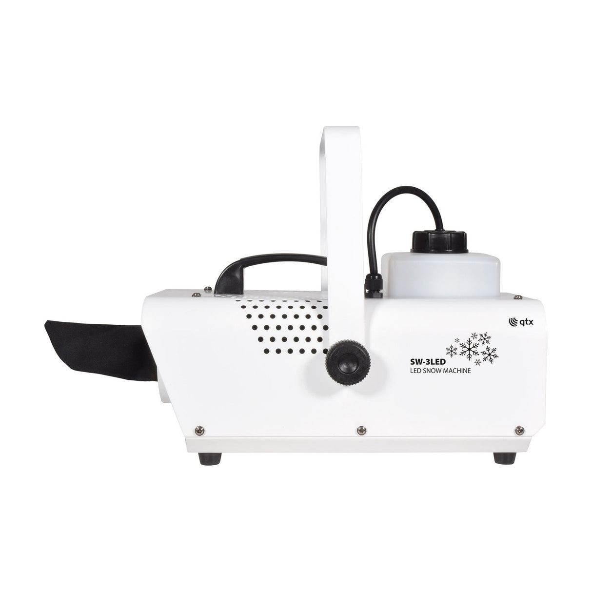 Side view of the QTX 800W LED snow machine in white metal housing with carry handle, mounting bracket, fluid tank, black fabric outlet sock and control knob.