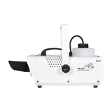 Side view of the QTX 800W LED snow machine in white metal housing with carry handle, mounting bracket, fluid tank, black fabric outlet sock and control knob.