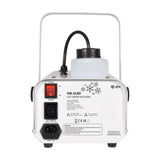 Rear view of QTX SW-3LED 800W LED snow machine in white metal housing with power switch, IEC inlet, fuse holder, and translucent fluid tank.