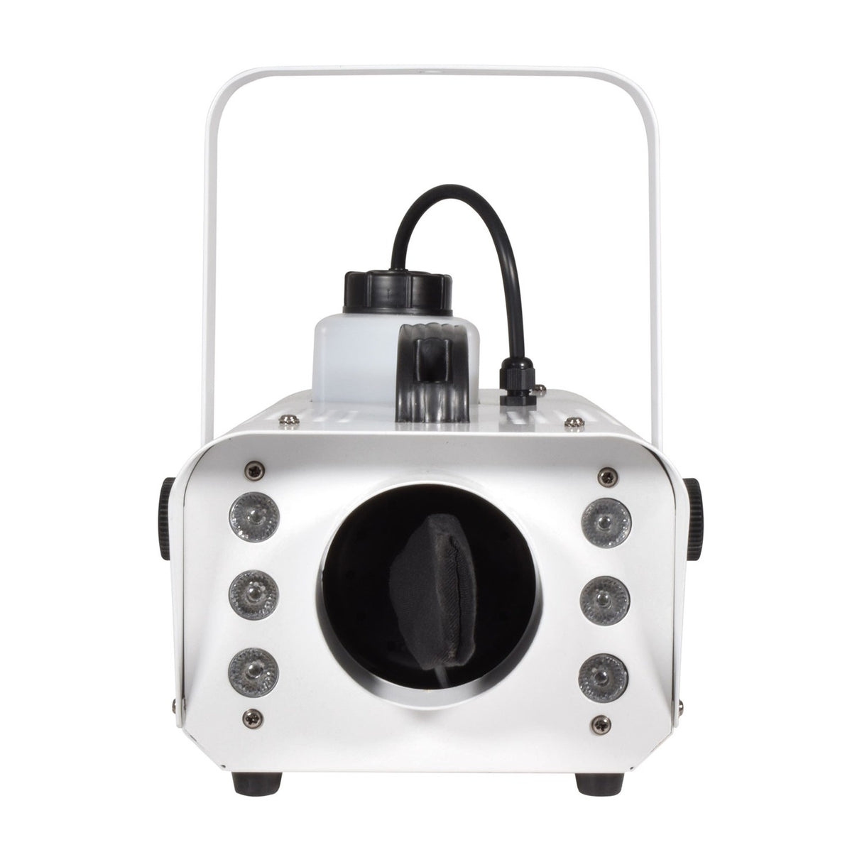 QTX 800W LED snow machine by AVSL in white metal housing, front view showing output aperture, six RGB LEDs and top-mounted 1.2-litre fluid tank.