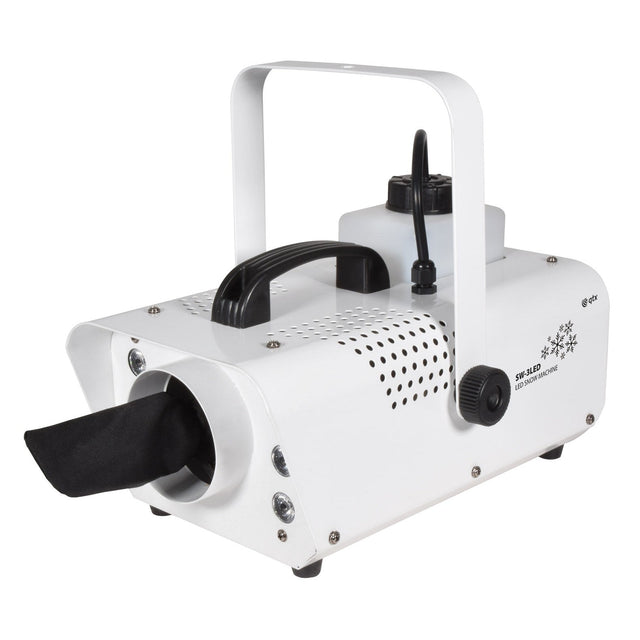 The QTX LED Snow Machine - 800W boasts a sleek white design with a handle and black nozzle for snow output, featuring control buttons on the side and a top-mounted fluid container. Perfect for creating an indoor or outdoor blizzard of foam particles, this device is secured on a stable base and delivers captivating effects akin to those of an LED snow effect machine.