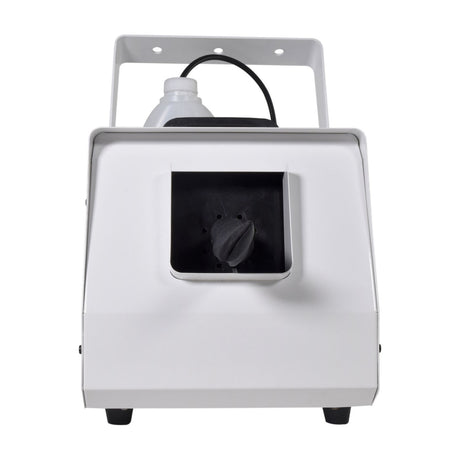Front view of the QTX SW-D2 1500W digital snow machine in a white casing with mounting bracket, fluid bottle on top and square front nozzle outlet.