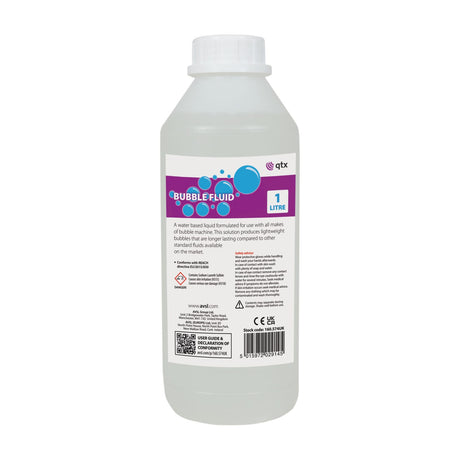 QTX Bubble Fluid 1 Litre bottle by AVSL, translucent container with white screw cap and purple label featuring blue bubble graphics on white background.
