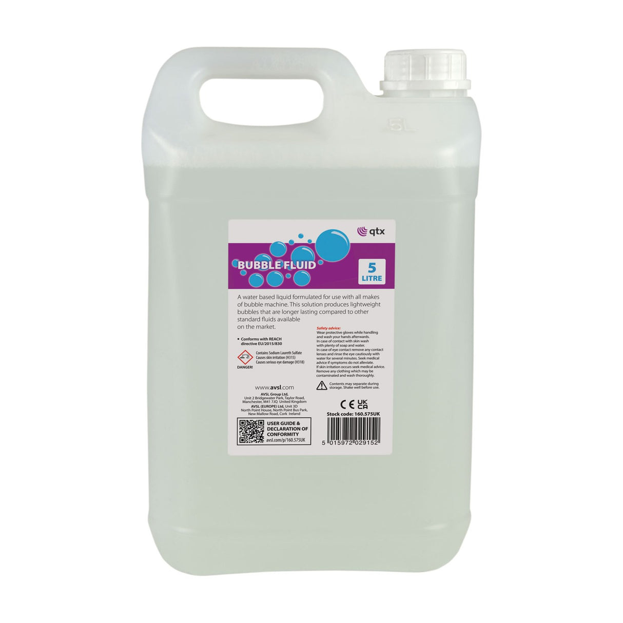 QTX Bubble-5L water-based machine fluid by AVSL in a clear plastic jerrycan with carry handle, screw cap and purple label, on a white background.