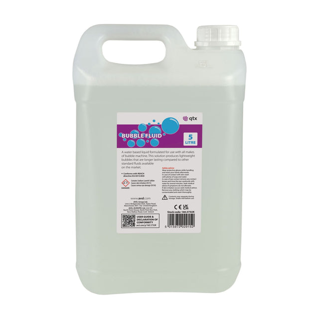 QTX Bubble-5L water-based machine fluid by AVSL in a clear plastic jerrycan with carry handle, screw cap and purple label, on a white background.
