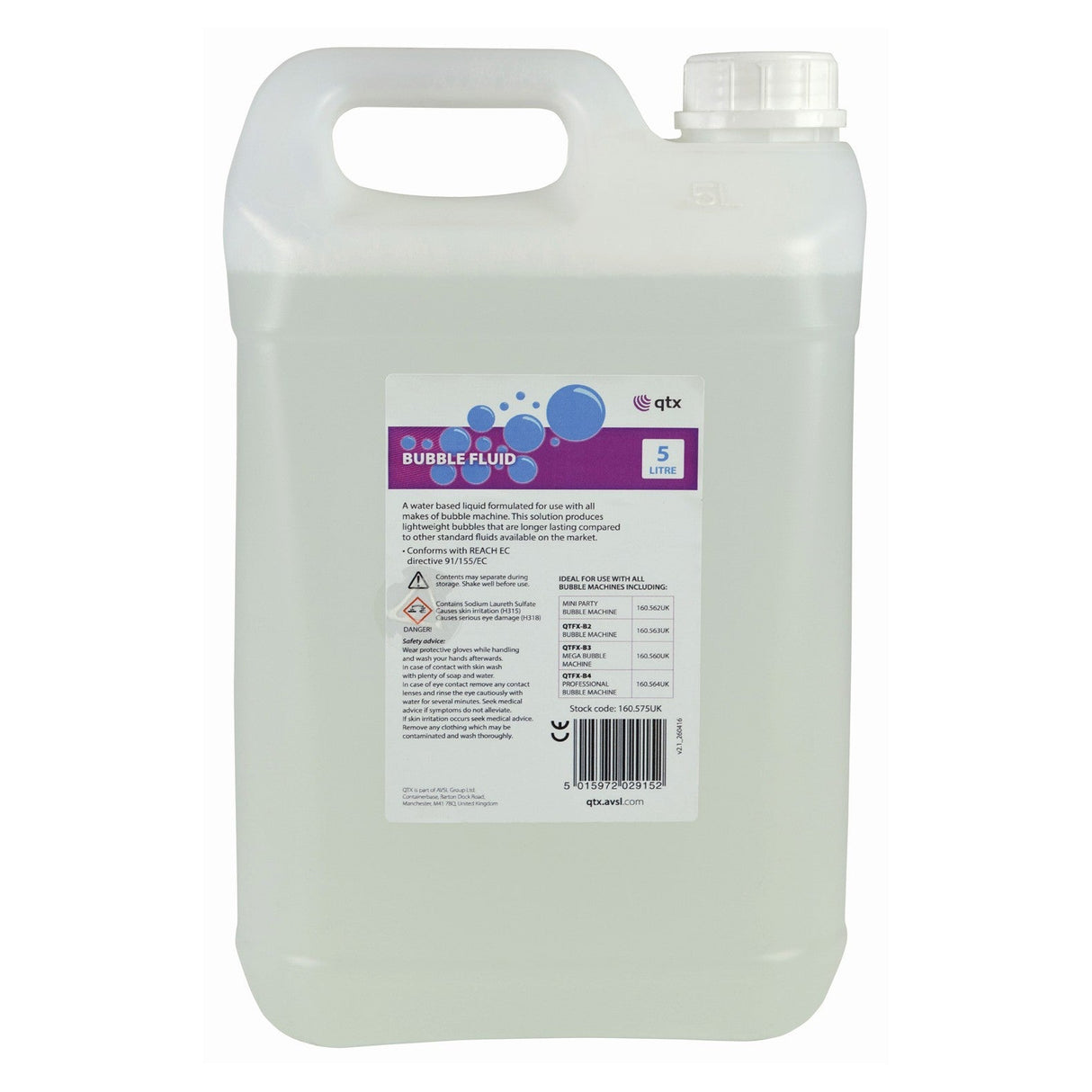 A 5-litre container of QTX Bubble Fluid, featuring a white cap, is perfect for your bubble machine. The label showcases product details and safety information alongside vibrant bubbles and the QTX logo. Experience durable, carefully crafted bubbles for hours of enjoyment.