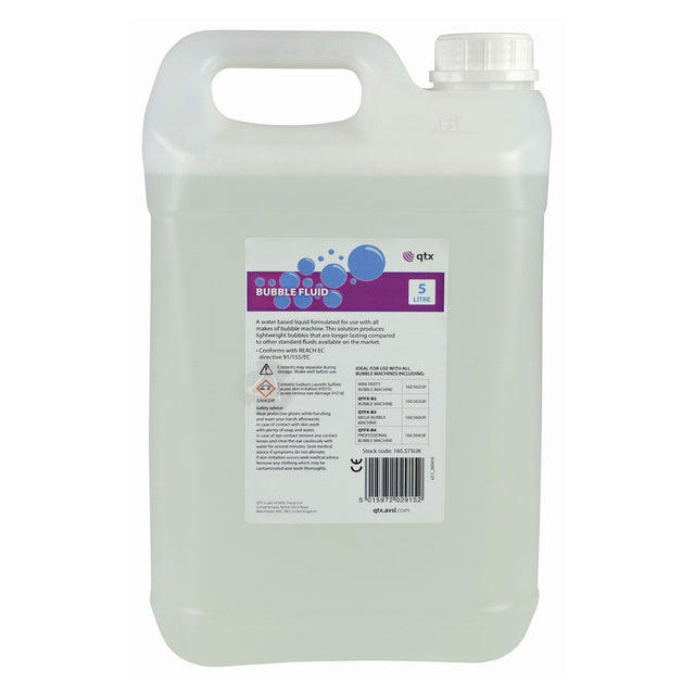 A 5-litre container of QTX Bubble Fluid, featuring a white cap, is perfect for your bubble machine. The label showcases product details and safety information alongside vibrant bubbles and the QTX logo. Experience durable, carefully crafted bubbles for hours of enjoyment.