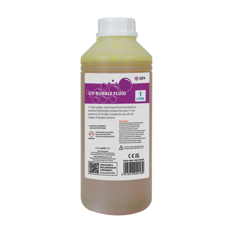 QTX UV Bubble Fluid 1 litre bottle with white cap and purple label, containing yellow water-based solution, shown on a plain white background.