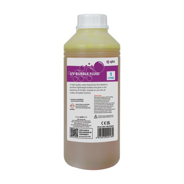 QTX UV Bubble Fluid 1 litre bottle with white cap and purple label, containing yellow water-based solution, shown on a plain white background.