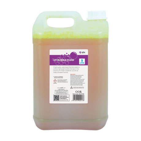 QTX UV Bubble Fluid 5 Litre container by AVSL, translucent jug of amber water-based UV-reactive solution with moulded handle and white screw cap.