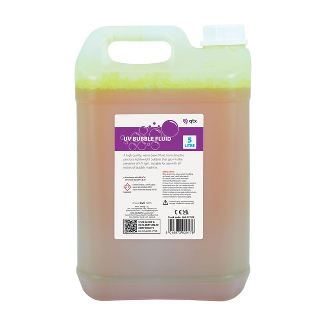 QTX UV Bubble Fluid 5 Litre container by AVSL, translucent jug of amber water-based UV-reactive solution with moulded handle and white screw cap.