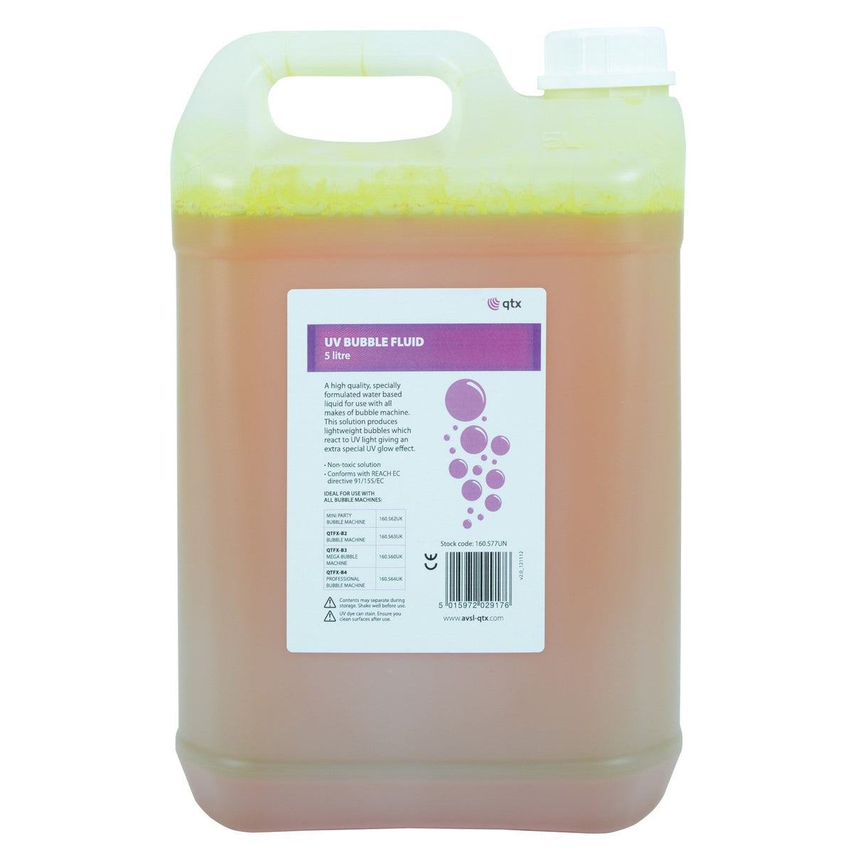 The 5-liter QTX UV Bubble Fluid comes in a container with a convenient handle, designed to work seamlessly with any bubble machine. The front label is white adorned with purple text and bubble graphics, highlighting its premium sodium laureth sulfate formulation for creating vibrant UV light bubbles.