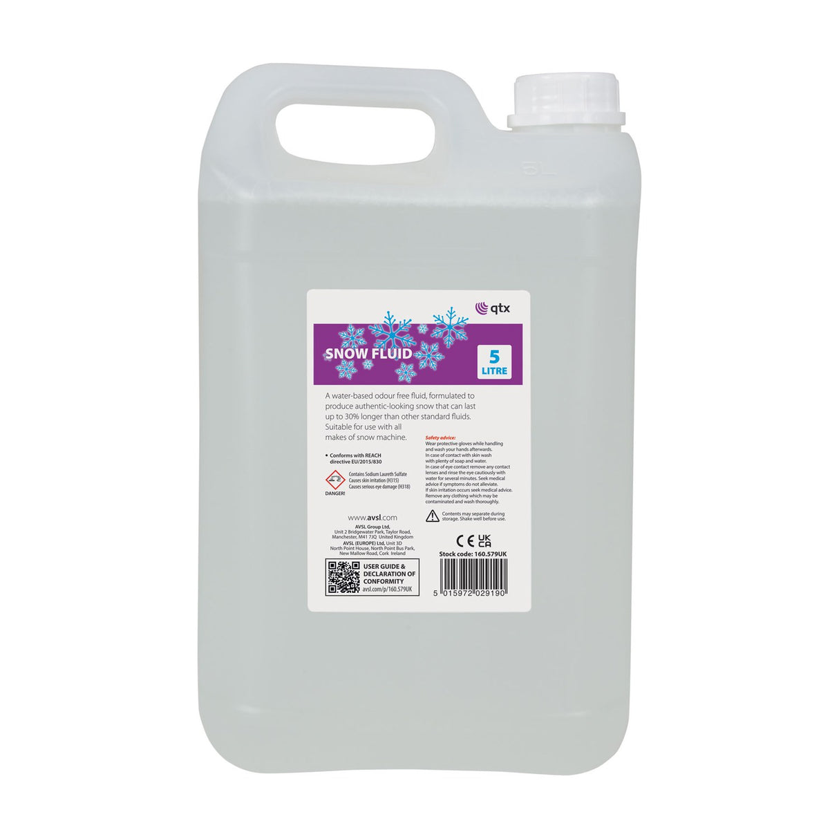 QTX Snow Fluid 5L translucent water-based snow machine fluid bottle by AVSL, with integral handle, white screw cap, and purple snowflake label.