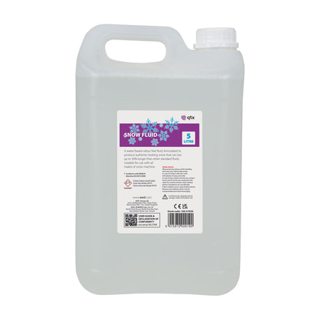 QTX Snow Fluid 5L translucent water-based snow machine fluid bottle by AVSL, with integral handle, white screw cap, and purple snowflake label.