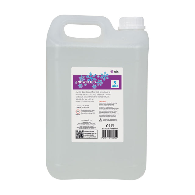 QTX Snow Fluid 5L translucent water-based snow machine fluid bottle by AVSL, with integral handle, white screw cap, and purple snowflake label.