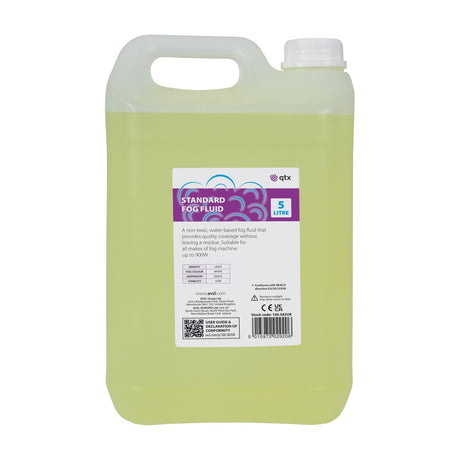 QTX Standard Fog Fluid 5L jerry can by AVSL, yellow water-based liquid in a translucent container with carry handle and white screw cap on a plain background.