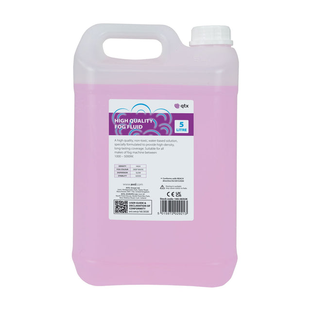 QTX High Quality Fog Fluid in a 5-litre translucent container with white cap, holding pink water-based liquid, labelled for 1000-5000W machines.