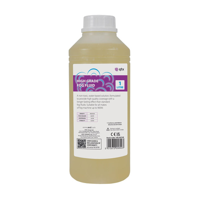 QTX High Grade Fog Fluid 1L bottle with white screw cap and purple label, containing orange medium-density fluid, shown on a plain white background.