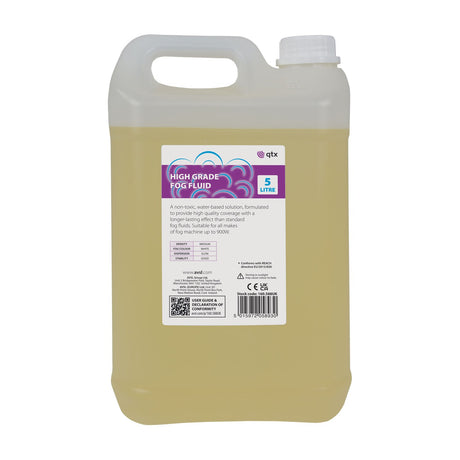 QTX High Grade Fog Fluid 5L container by AVSL, translucent jug with handle, screw cap, and purple label, holding medium-density orange water-based fluid.