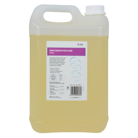 A translucent plastic container featuring a handle and labeled as QTX Fog Fluid High Grade Orange 5L. The label includes blue cloud-like graphics and text detailing usage and ingredients. This non-toxic fog solution is equipped with a securely sealed white cap.