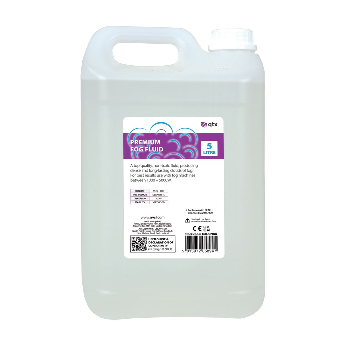 QTX Premium Fog Fluid 5L container from AVSL, translucent plastic jug with handle, white cap, and purple label, shown on a plain white background.