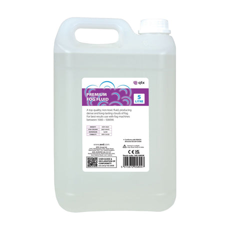 QTX Premium Fog Fluid 5L container from AVSL, translucent plastic jug with handle, white cap, and purple label, shown on a plain white background.