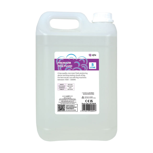 QTX Premium Fog Fluid 5L container from AVSL, translucent plastic jug with handle, white cap, and purple label, shown on a plain white background.