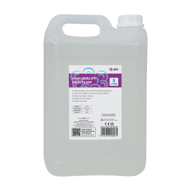 QTX High Quality Haze Fluid 5 Litre container in clear plastic with white cap and purple label, shown on a plain white background.
