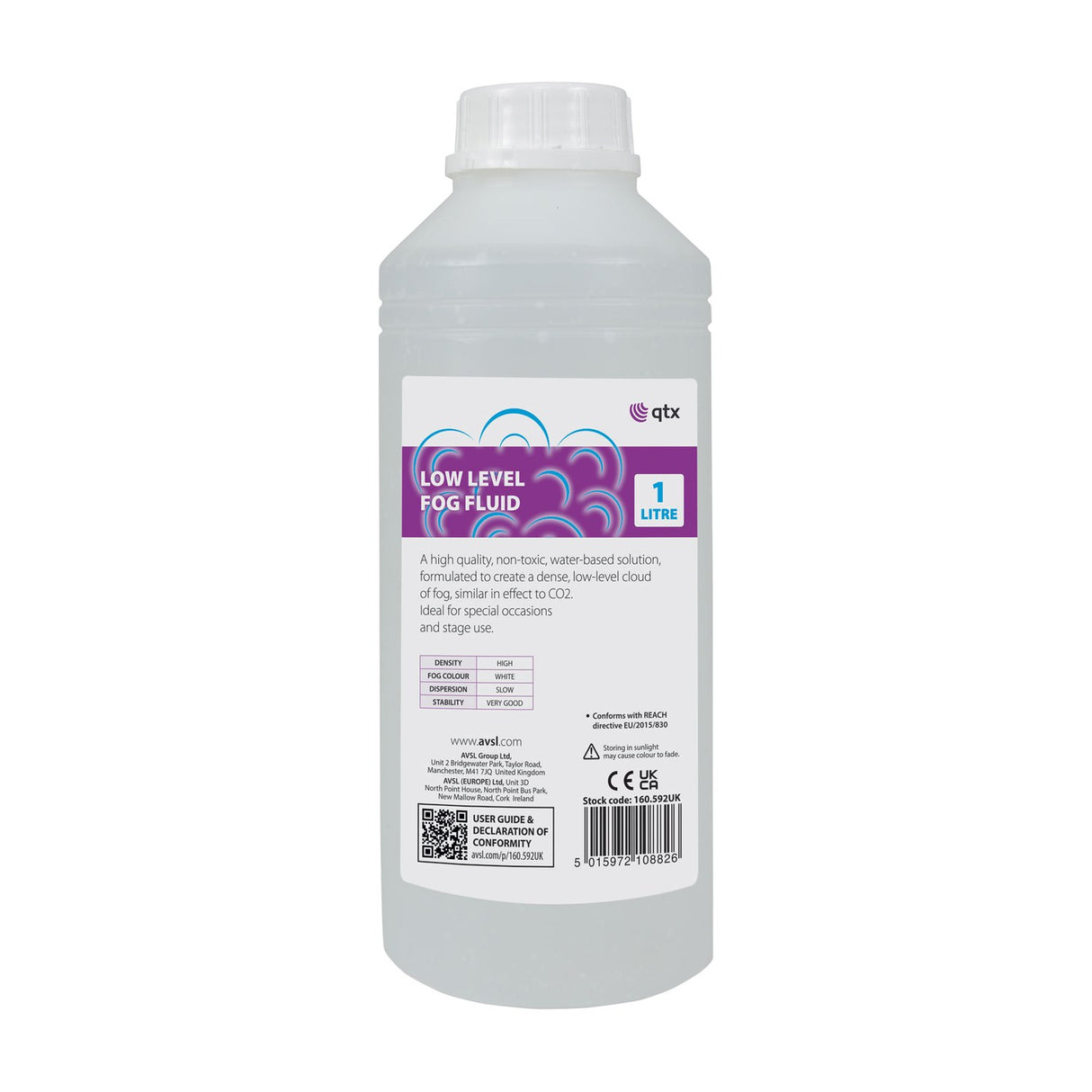 AVSL QTX Low Level Fog Fluid 1L bottle with white cap and purple label, shown against a plain white background.