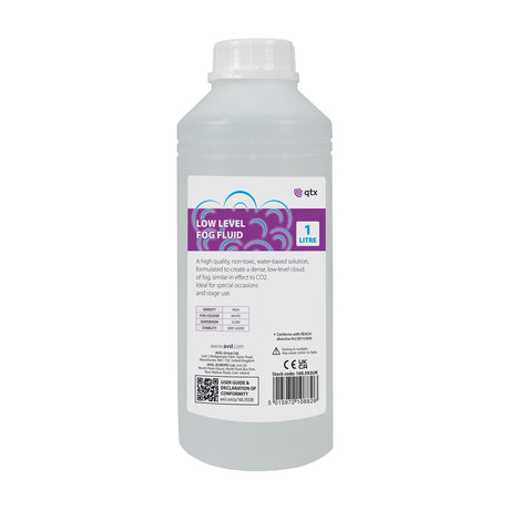 AVSL QTX Low Level Fog Fluid 1L bottle with white cap and purple label, shown against a plain white background.