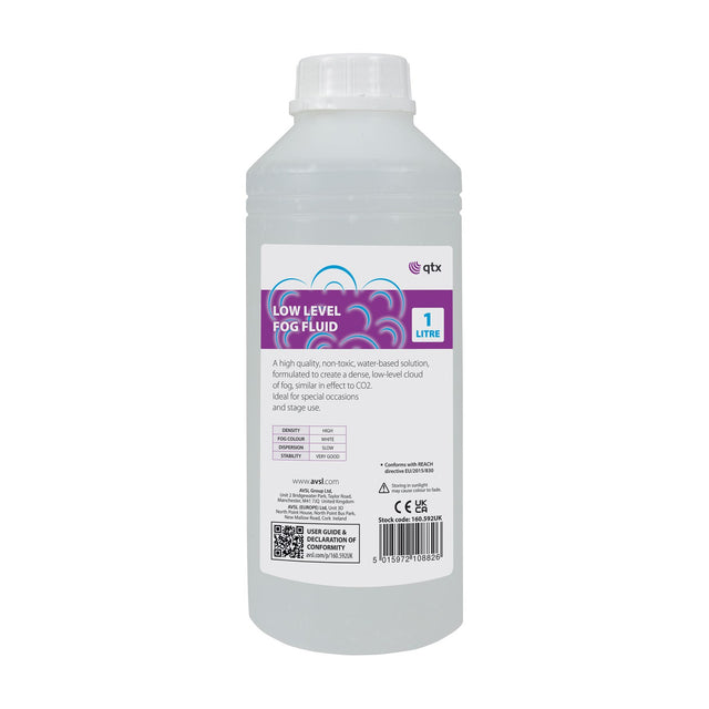 AVSL QTX Low Level Fog Fluid 1L bottle with white cap and purple label, shown against a plain white background.
