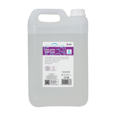 QTX Low Level Fog Fluid 5L container by AVSL, translucent plastic jerrycan with side handle and screw cap, purple and white label, on a plain background.
